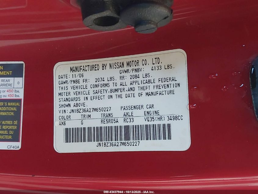 2007 Nissan 350Z Grand Touring VIN: JN1BZ36A27M650227 Lot: 43437944