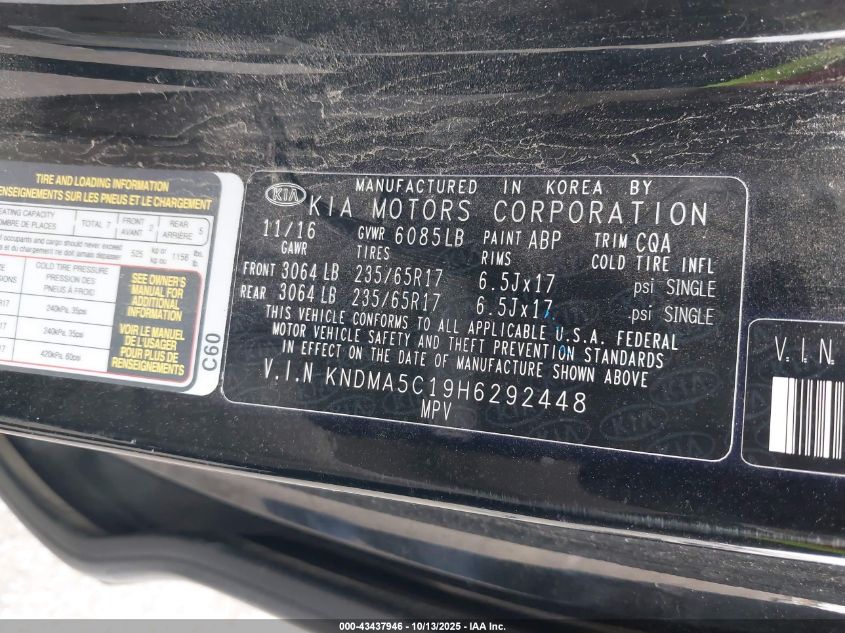 2017 Kia Sedona L VIN: KNDMA5C19H6292448 Lot: 43437946