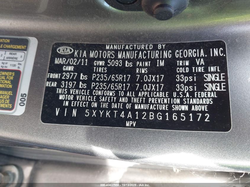 2011 Kia Sorento Lx VIN: 5XYKT4A12BG165172 Lot: 43437950