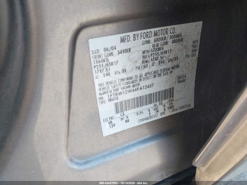 2004 Ford F-150 Xlt VIN: 1FTRW12W44FA12457 Lot: 43437953