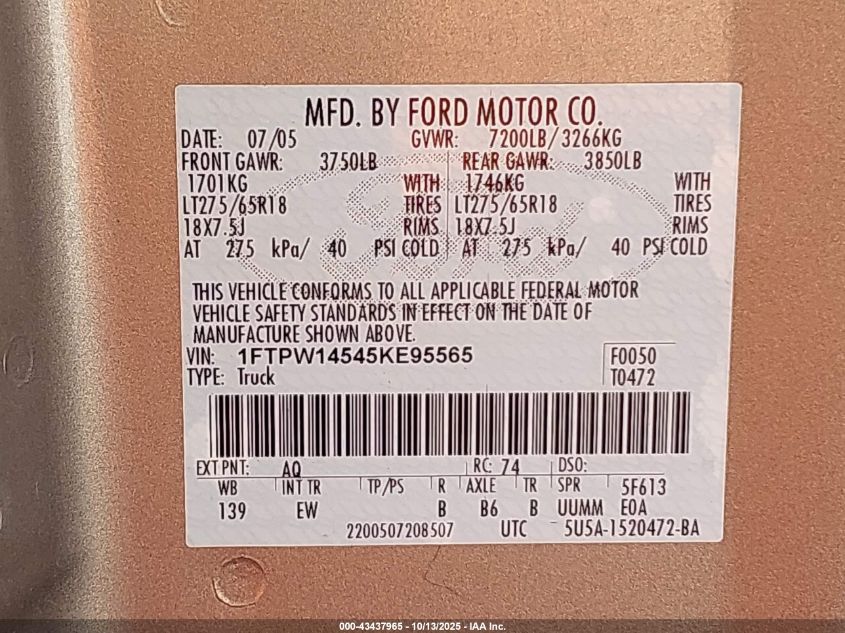 2005 Ford F-150 Fx4/Lariat/Xlt VIN: 1FTPW14545KE95565 Lot: 43437965