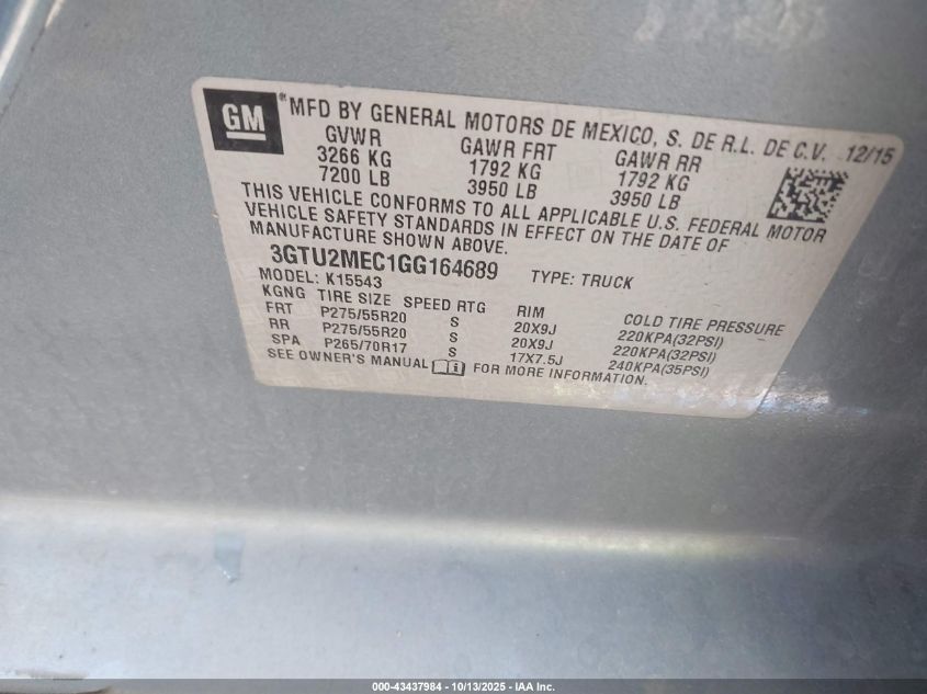 2016 GMC Sierra 1500 Sle VIN: 3GTU2MEC1GG164689 Lot: 43437984