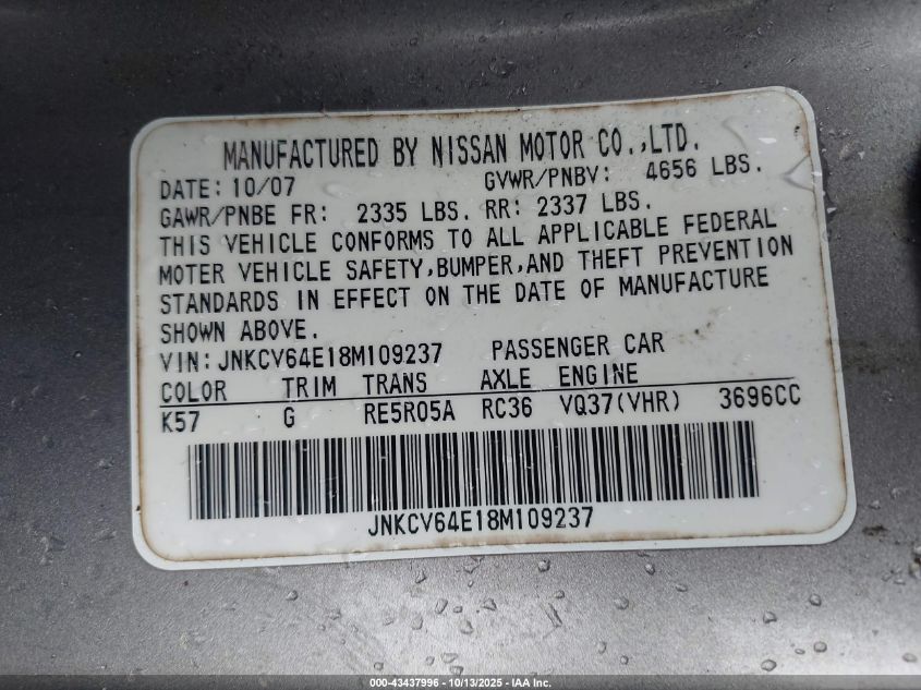 2008 Infiniti G37 Journey VIN: JNKCV64E18M109237 Lot: 43437996