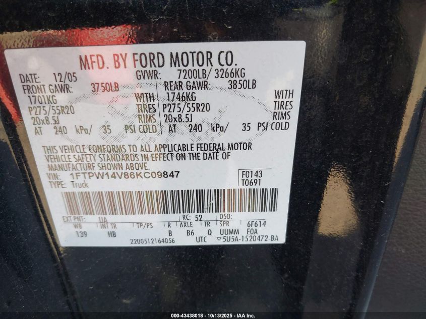 2006 Ford F-150 Fx4/Lariat/Xlt VIN: 1FTPW14V86KC09847 Lot: 43438018