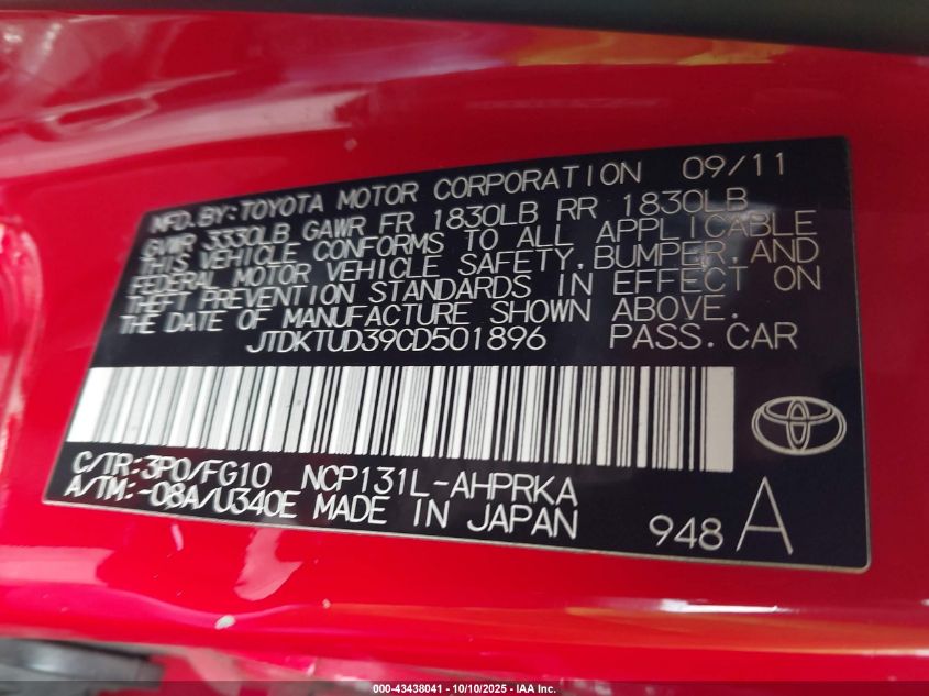 2012 Toyota Yaris Le VIN: JTDKTUD39CD501896 Lot: 43438041