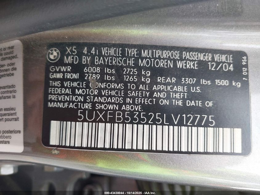 2005 BMW X5 4.4I VIN: 5UXFB53525LV12775 Lot: 43438044