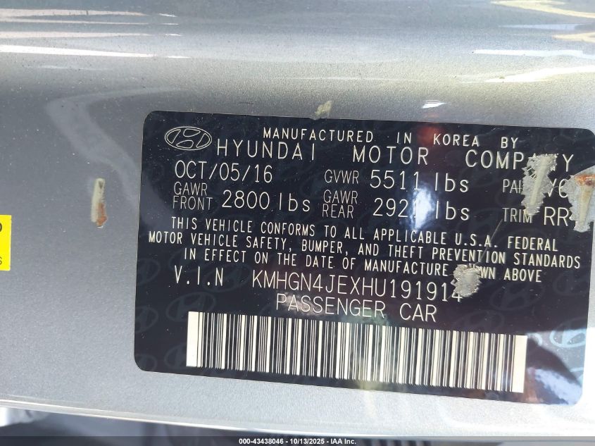 2017 Genesis G80 3.8 VIN: KMHGN4JEXHU191914 Lot: 43438046