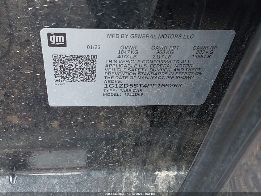 2023 Chevrolet Malibu Fwd 1Lt VIN: 1G1ZD5ST4PF166263 Lot: 43438048