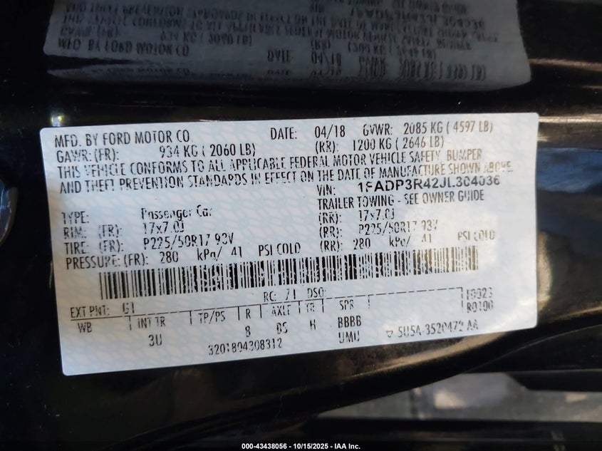 2018 FORD FOCUS ELECTRIC 1FADP3R42JL304036