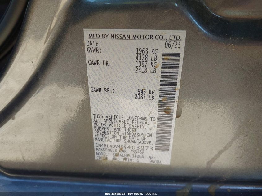 2025 Nissan Altima Sv Fwd VIN: 1N4BL4DV4SN403973 Lot: 43438064