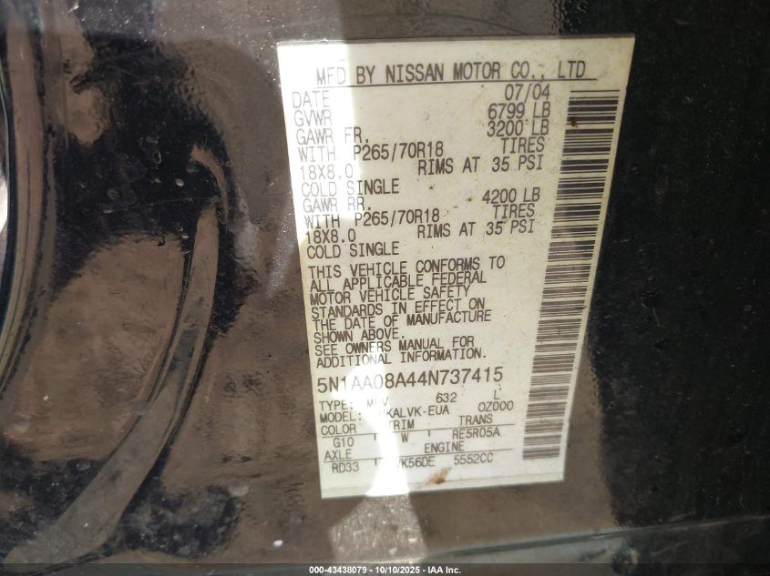 2004 Nissan Pathfinder Armada Le VIN: 5N1AA08A44N737415 Lot: 43438079