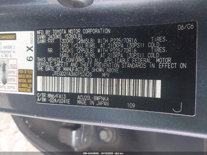 2006 Toyota Highlander VIN: JTEGD21A360152428 Lot: 43438086