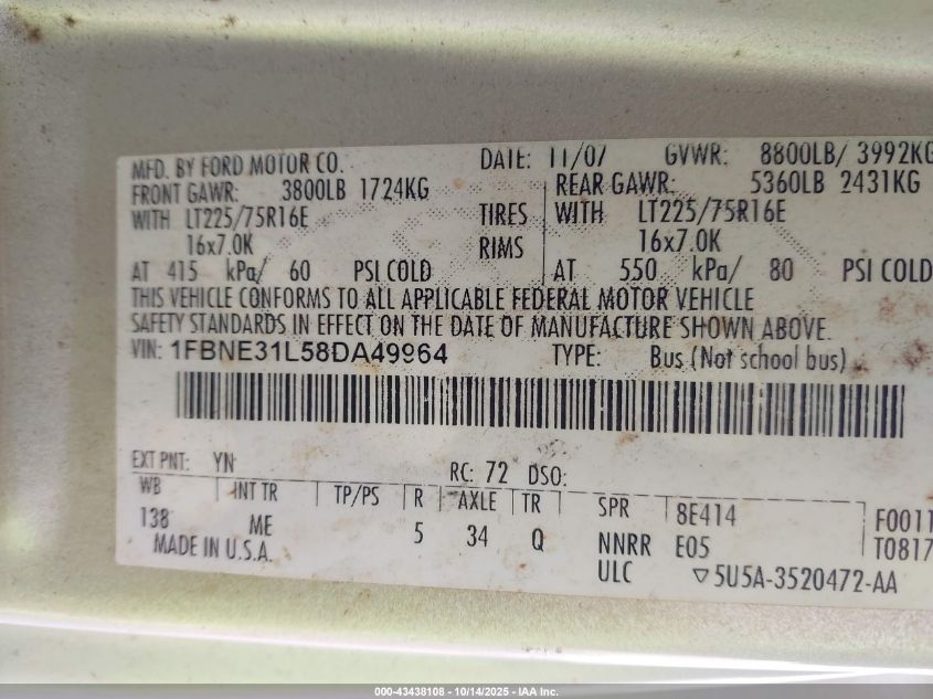 2008 Ford E-350 Super Duty Xl/Xlt VIN: 1FBNE31L58DA49964 Lot: 43438108