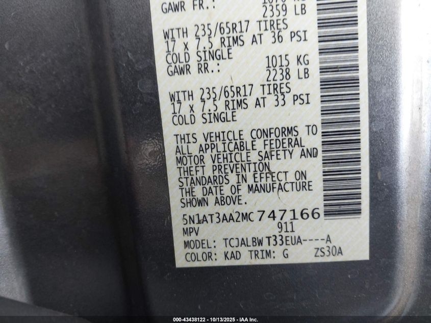 2021 Nissan Rogue S Fwd VIN: 5N1AT3AA2MC747166 Lot: 43438122