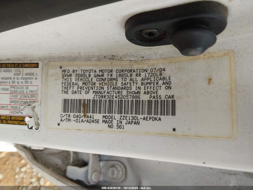 2005 Toyota Corolla Ce VIN: JTDBR32E452057886 Lot: 43438130