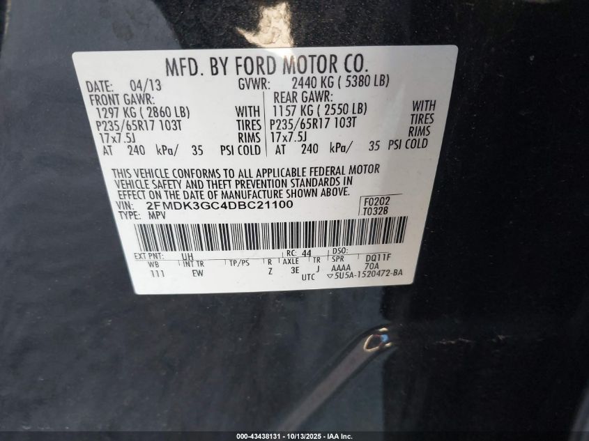 2013 Ford Edge Se VIN: 2FMDK3GC4DBC21100 Lot: 43438131