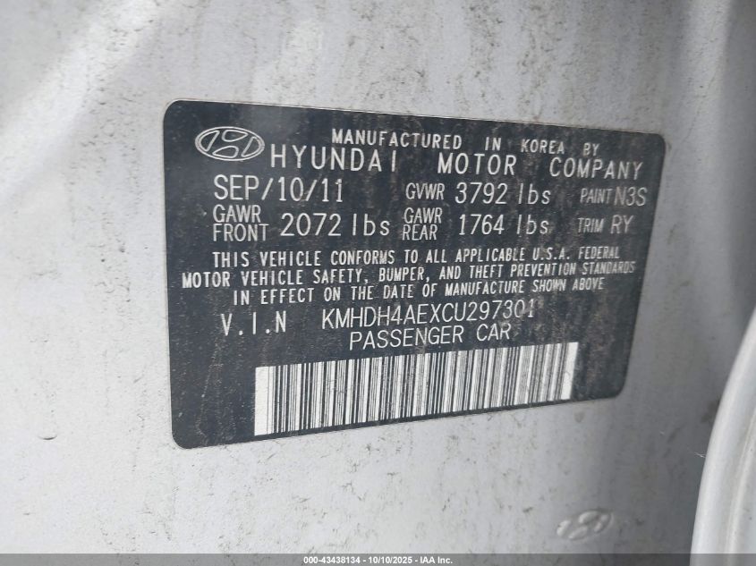 2012 Hyundai Elantra Limited (Ulsan Plant) VIN: KMHDH4AEXCU297301 Lot: 43438134