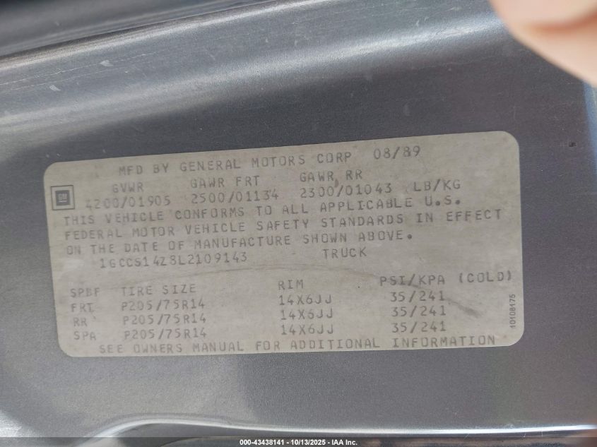 1990 Chevrolet S Truck S10 VIN: 1GCCS14Z8L2109143 Lot: 43438141