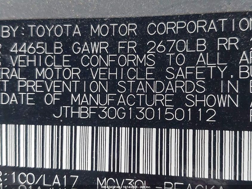 2003 Lexus Es 300 VIN: JTHBF30G130150112 Lot: 43438144