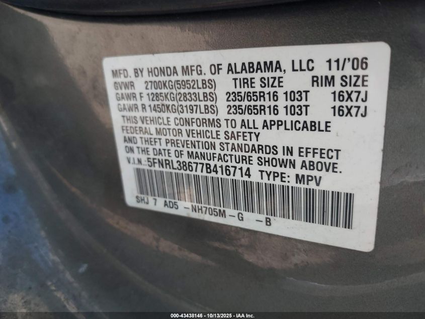 2007 Honda Odyssey Ex-L VIN: 5FNRL38677B416714 Lot: 43438146