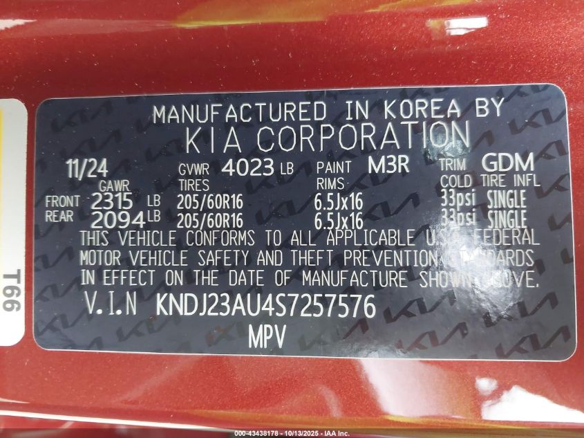 2025 Kia Soul Lx VIN: KNDJ23AU4S7257576 Lot: 43438178
