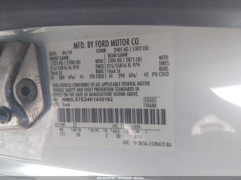 2019 Ford Transit Connect Xl VIN: NM0LS7E24K1430182 Lot: 43438190