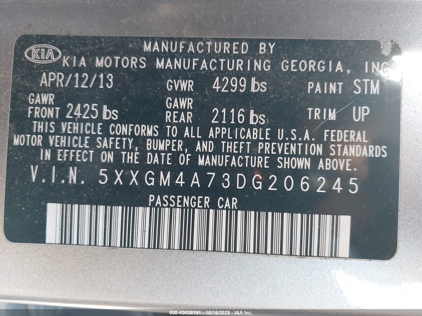 2013 KIA OPTIMA LX 5XXGM4A73DG206245