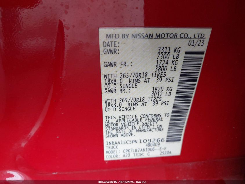 2023 Nissan Titan Sv 4X4 VIN: 1N6AA1EC5PN109266 Lot: 43438215