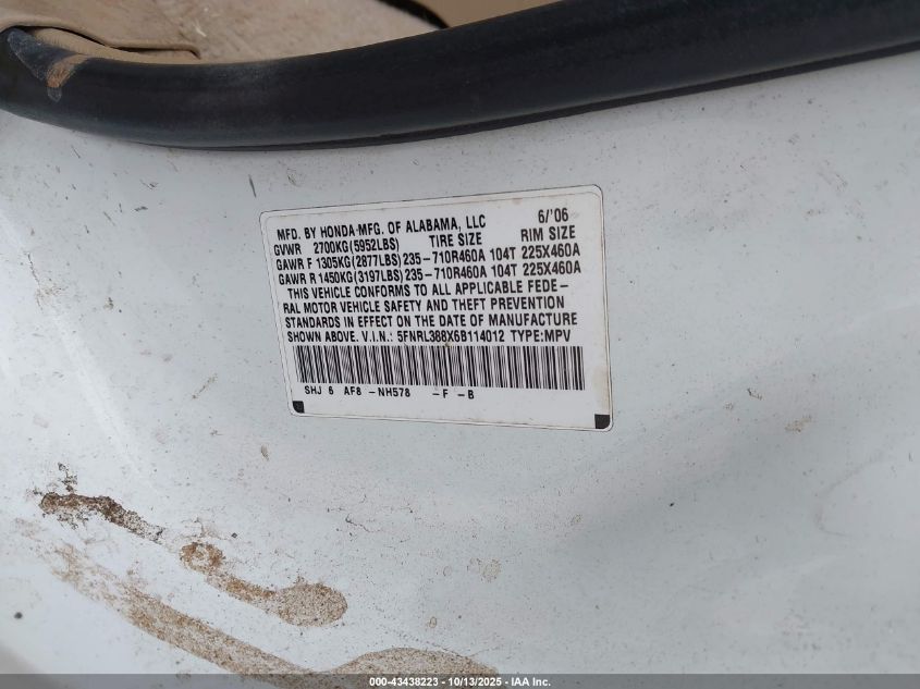 2006 Honda Odyssey Touring VIN: 5FNRL388X6B114012 Lot: 43438223