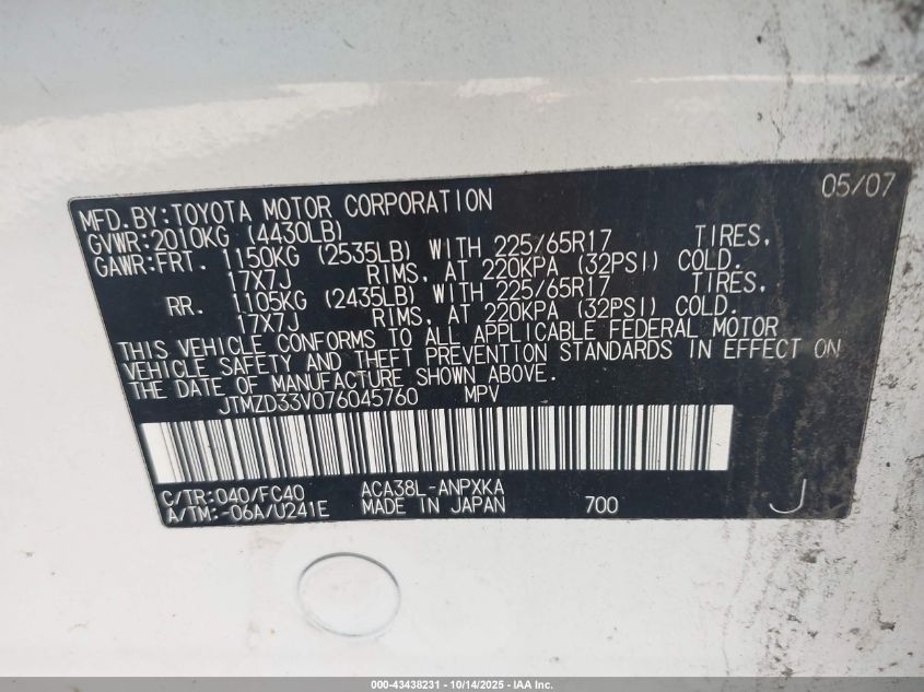 2007 Toyota Rav4 VIN: JTMZD33V076045760 Lot: 43438231