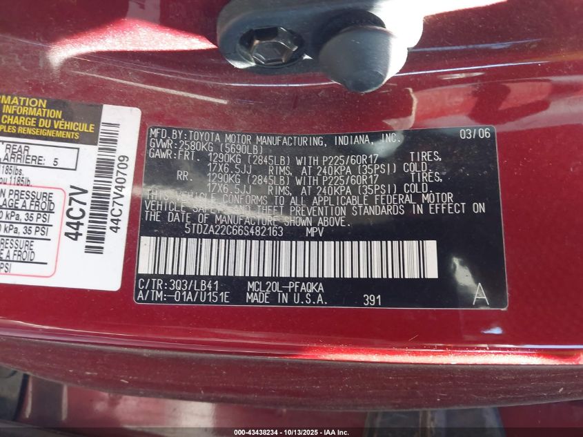 2006 Toyota Sienna Xle Limited VIN: 5TDZA22C66S482163 Lot: 43438234