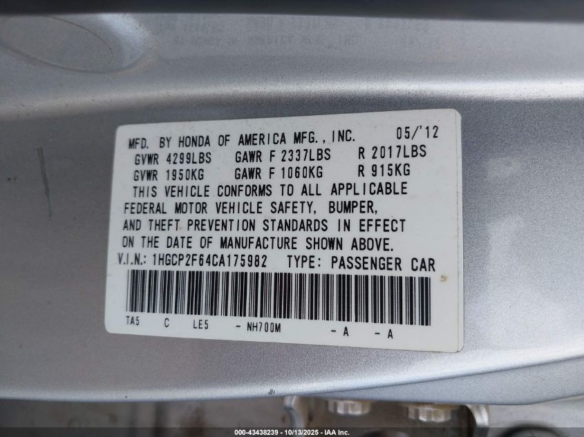 2012 Honda Accord 2.4 Se VIN: 1HGCP2F64CA175982 Lot: 43438239
