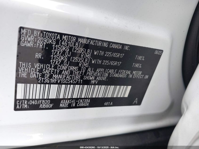 2025 Toyota Rav4 Le VIN: 2T3G1RFV1SC545711 Lot: 43438260