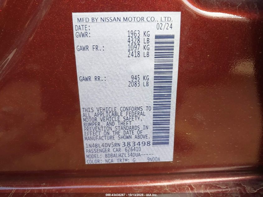 2024 Nissan Altima Sv Fwd VIN: 1N4BL4DV5RN383498 Lot: 43438267