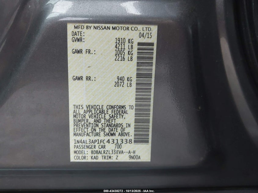 2015 NISSAN ALTIMA 2.5 SL 1N4AL3AP1FC431338