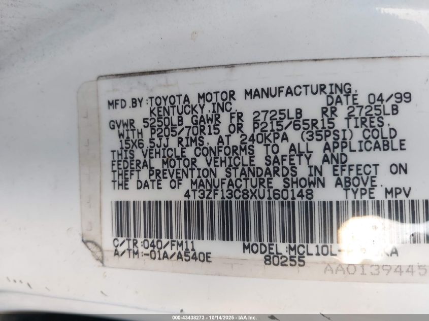 1999 Toyota Sienna Xle VIN: 4T3ZF13C8XU160148 Lot: 43438273