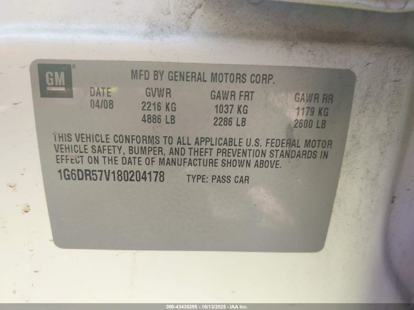 2008 Cadillac Cts Standard VIN: 1G6DR57V180204178 Lot: 43438295