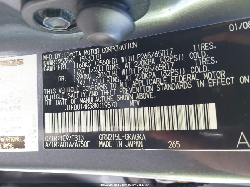 2008 Toyota 4Runner Sport V6 VIN: JTEBU14R38K019570 Lot: 43438301