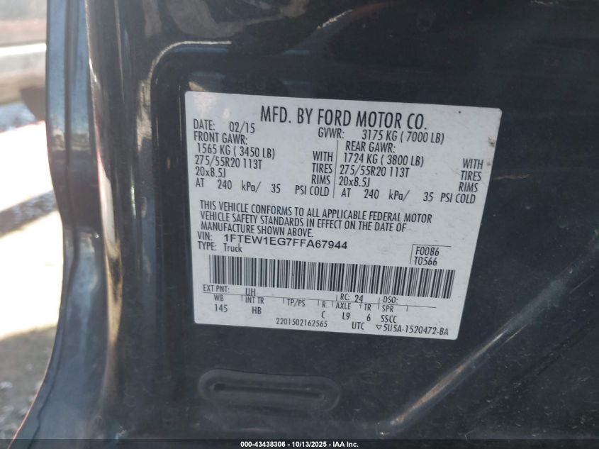 2015 Ford F-150 Lariat VIN: 1FTEW1EG7FFA67944 Lot: 43438306