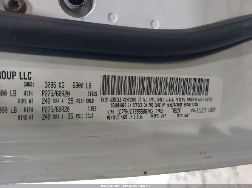 2011 Ram Ram 1500 Laramie VIN: 1D7RV1CT3BS606703 Lot: 43438316