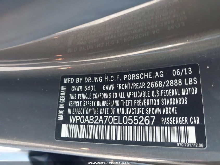 2014 Porsche Panamera S VIN: WP0AB2A70EL055267 Lot: 43438329