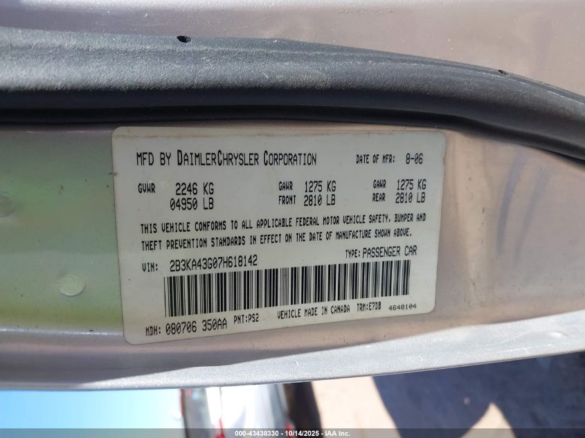 2007 Dodge Charger VIN: 2B3KA43G07H618142 Lot: 43438330