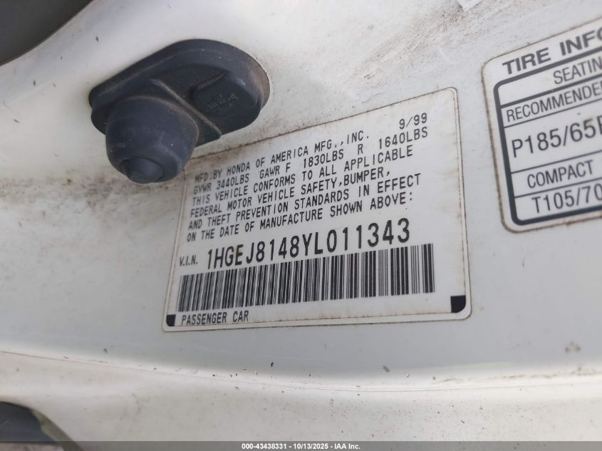 2000 Honda Civic Ex VIN: 1HGEJ8148YL011343 Lot: 43438331