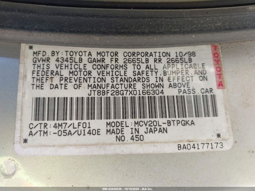 1999 Lexus Es 300 VIN: JT8BF28G7X0166304 Lot: 43438338