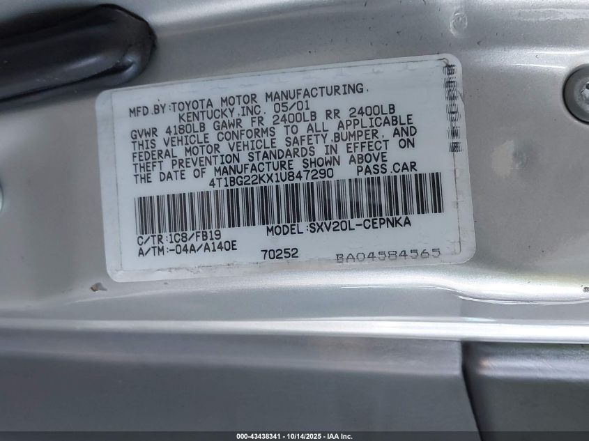 2001 Toyota Camry Le VIN: 4T1BG22KX1U847290 Lot: 43438341