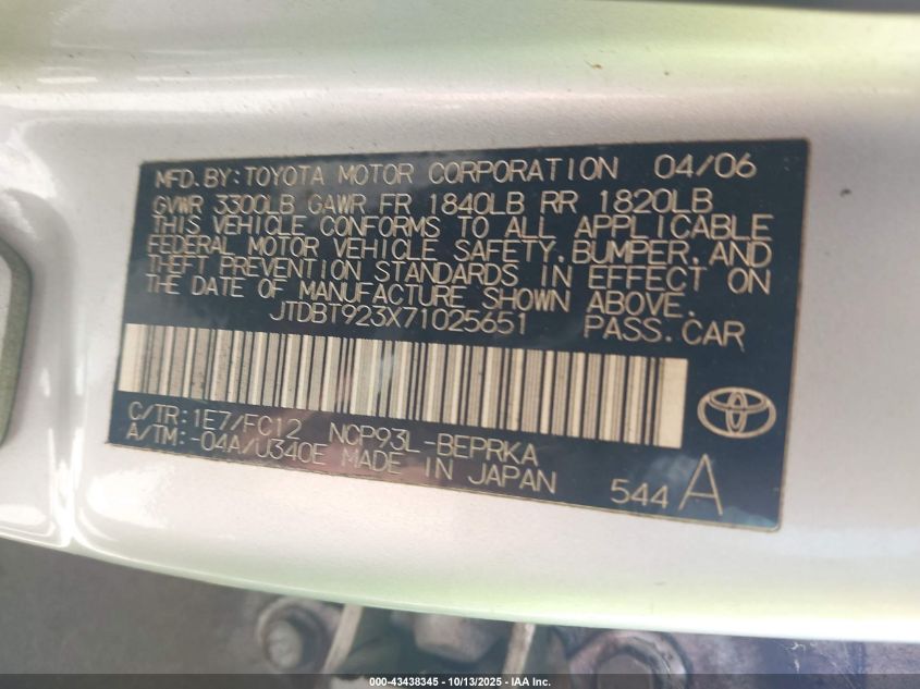 2007 Toyota Yaris S VIN: JTDBT923X71025651 Lot: 43438345