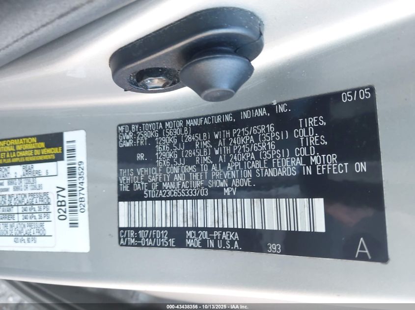 2005 Toyota Sienna Ce VIN: 5TDZA23C65S333703 Lot: 43438356