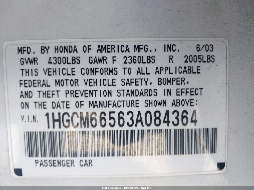 2003 Honda Accord 3.0 Ex VIN: 1HGCM66563A084364 Lot: 43438366