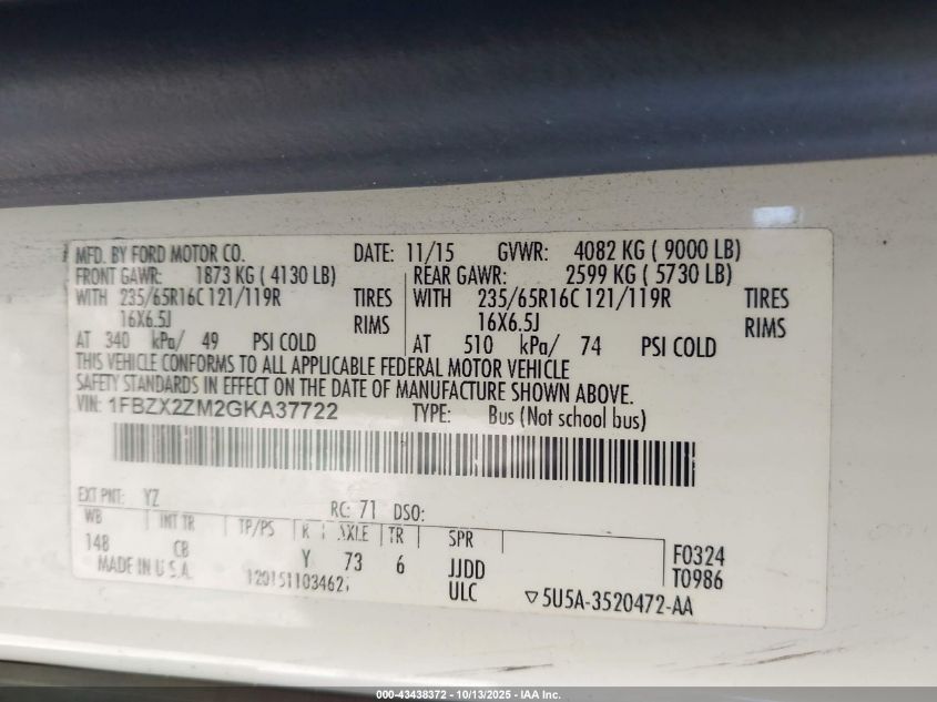 2016 Ford Transit-350 Xlt VIN: 1FBZX2ZM2GKA37722 Lot: 43438372