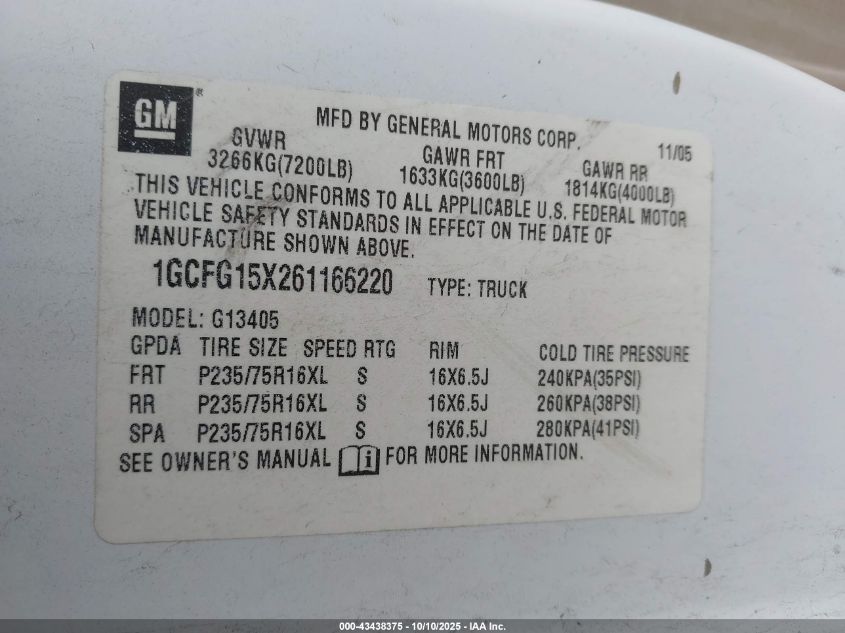 2006 Chevrolet Express Work Van VIN: 1GCFG15X261166220 Lot: 43438375